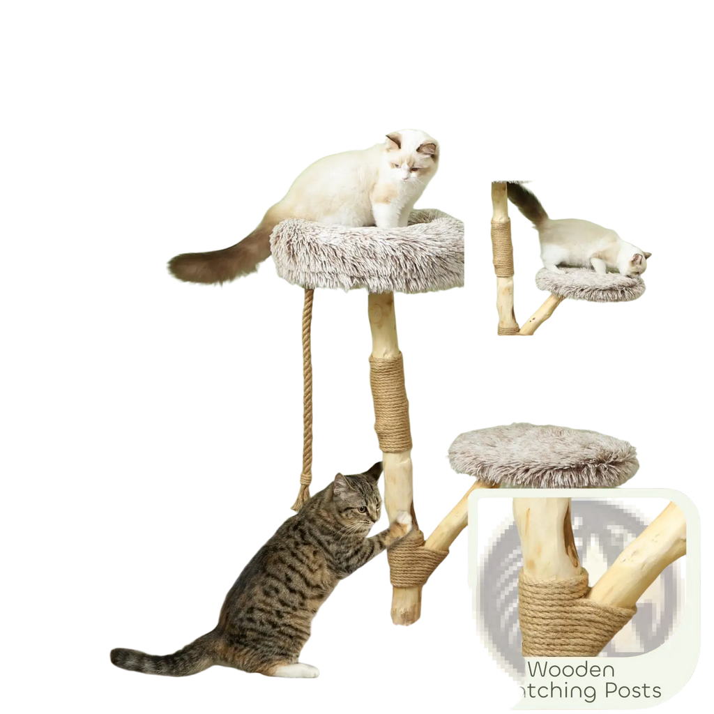 Beige plush cat activity centre with wooden posts and rope scratching surfaces in 35 inch modern wooden cat tree tower