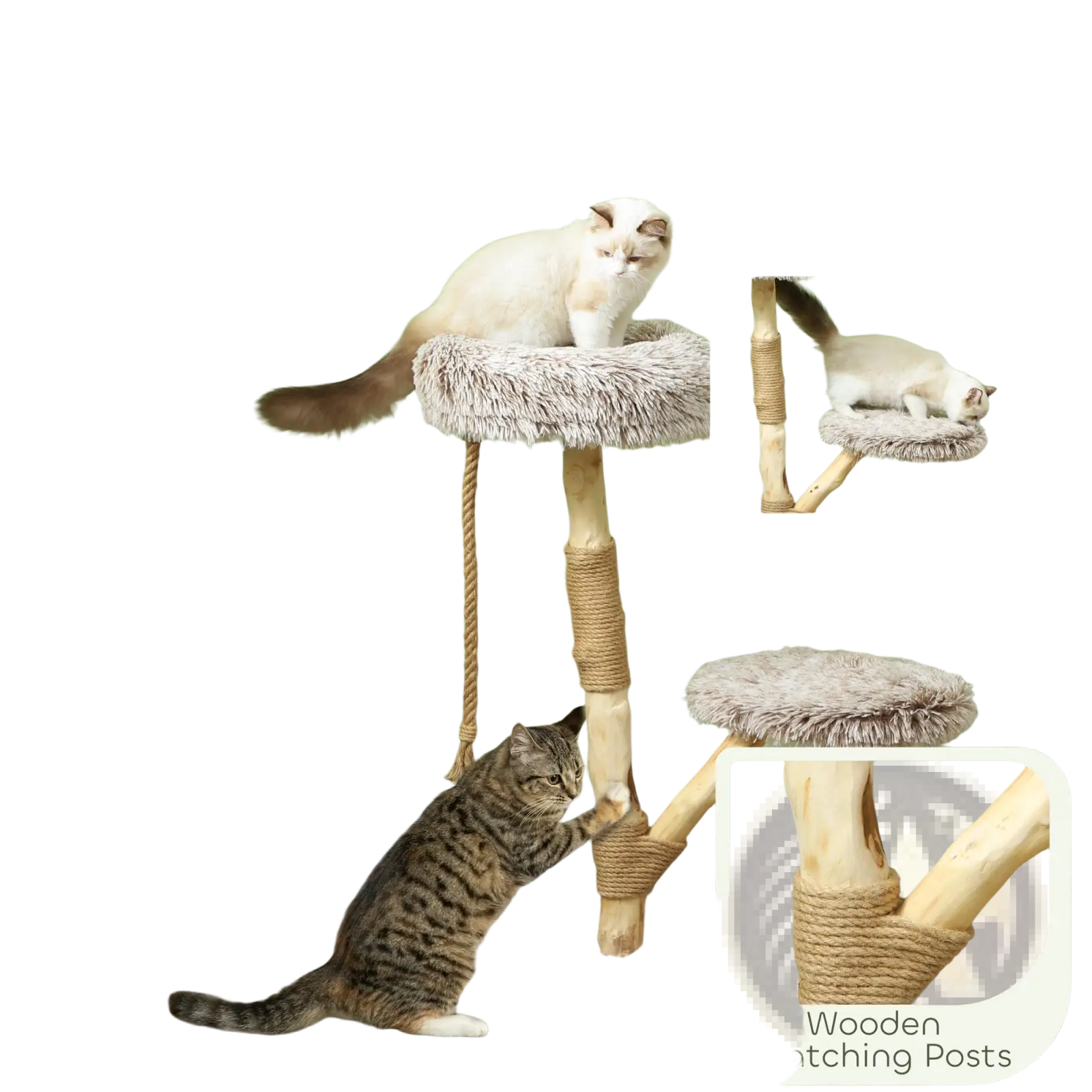 Beige plush cat activity centre with wooden posts and rope scratching surfaces in 35 inch modern wooden cat tree tower