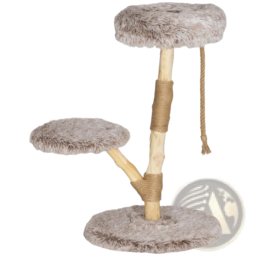 35 inch modern wooden cat tree tower with gray faux fur, natural wood base, and rope wrapped scratching posts