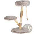 35 inch modern wooden cat tree tower with gray faux fur, natural wood base, and rope wrapped scratching posts