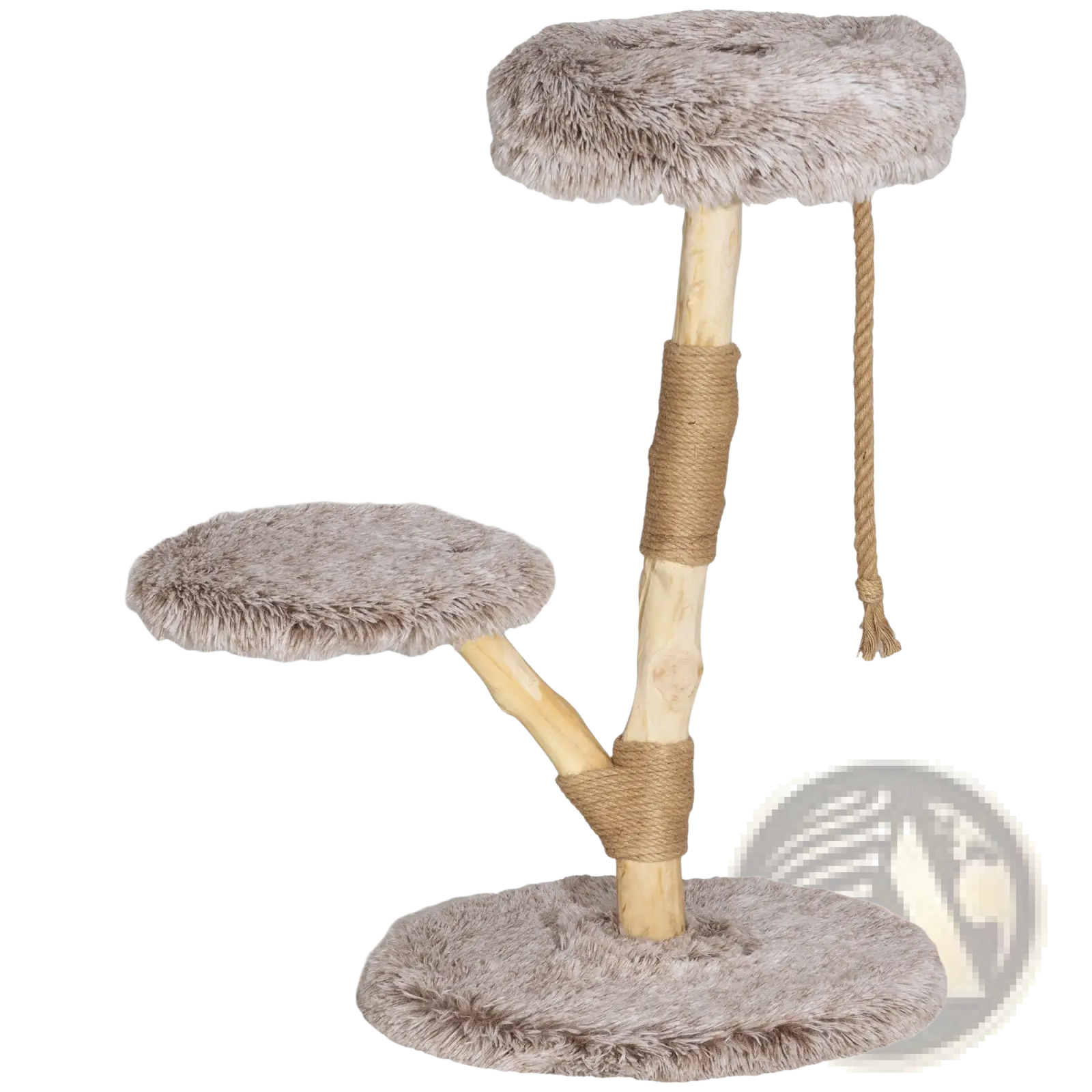 35 inch modern wooden cat tree tower with gray faux fur, natural wood base, and rope wrapped scratching posts