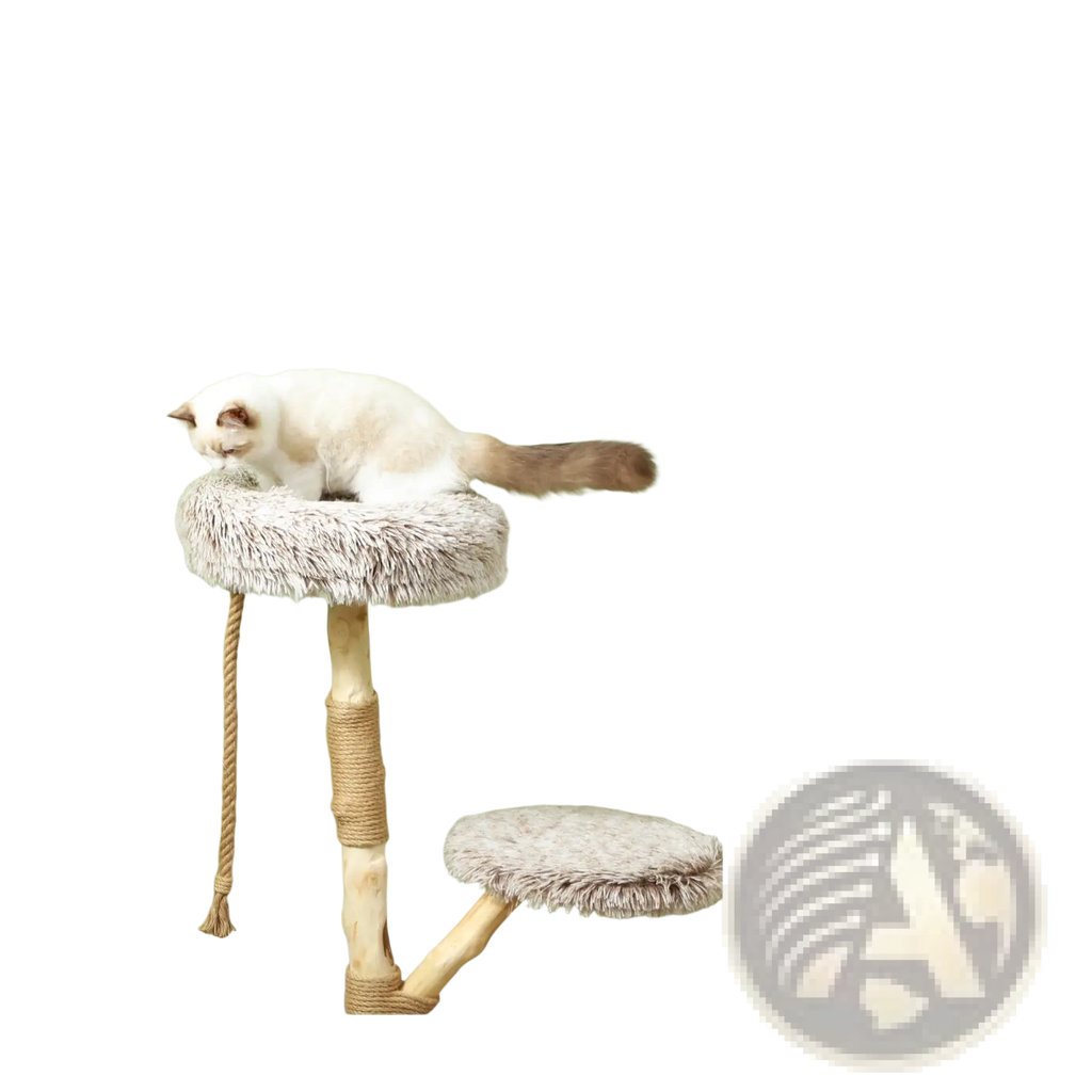 Fuzzy gray plush cat tree perch with dangling rope on 35 inch modern wooden cat tree tower for cats to climb and play