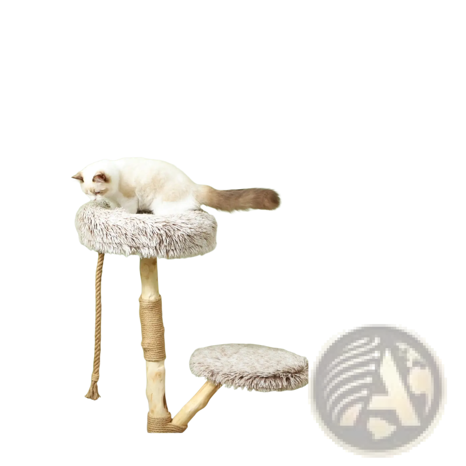 Fuzzy gray plush cat tree perch with dangling rope on 35 inch modern wooden cat tree tower for cats to climb and play