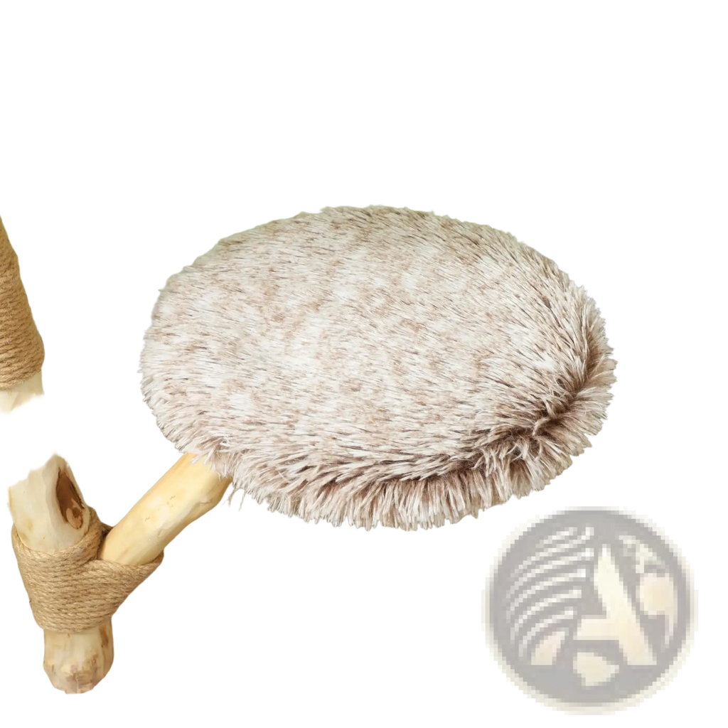35 inch modern wooden cat tree tower with fuzzy beige circular plush perch and natural wood base for cats
