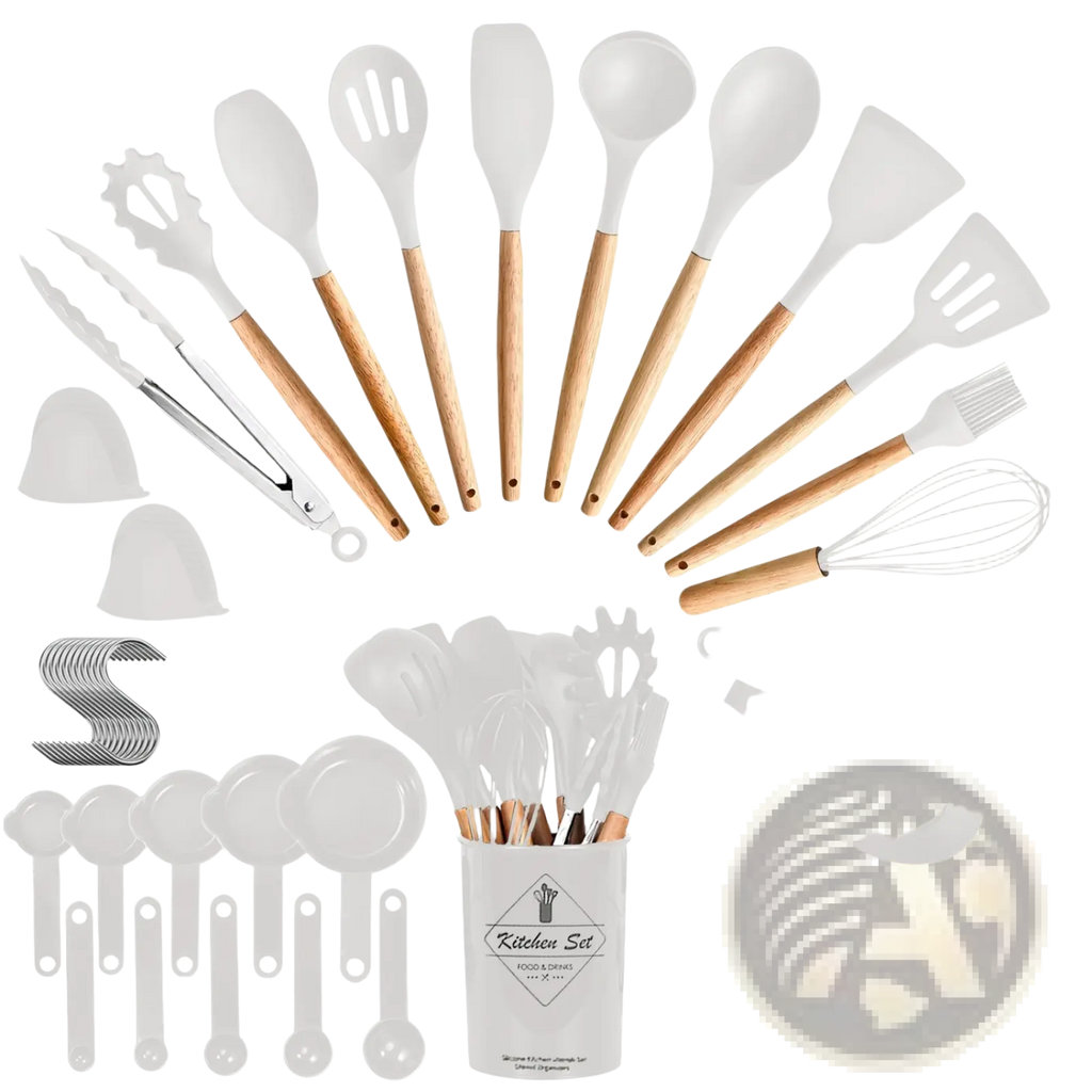 White silicone cooking utensils with wooden handles arranged around a white kitchen set storage container