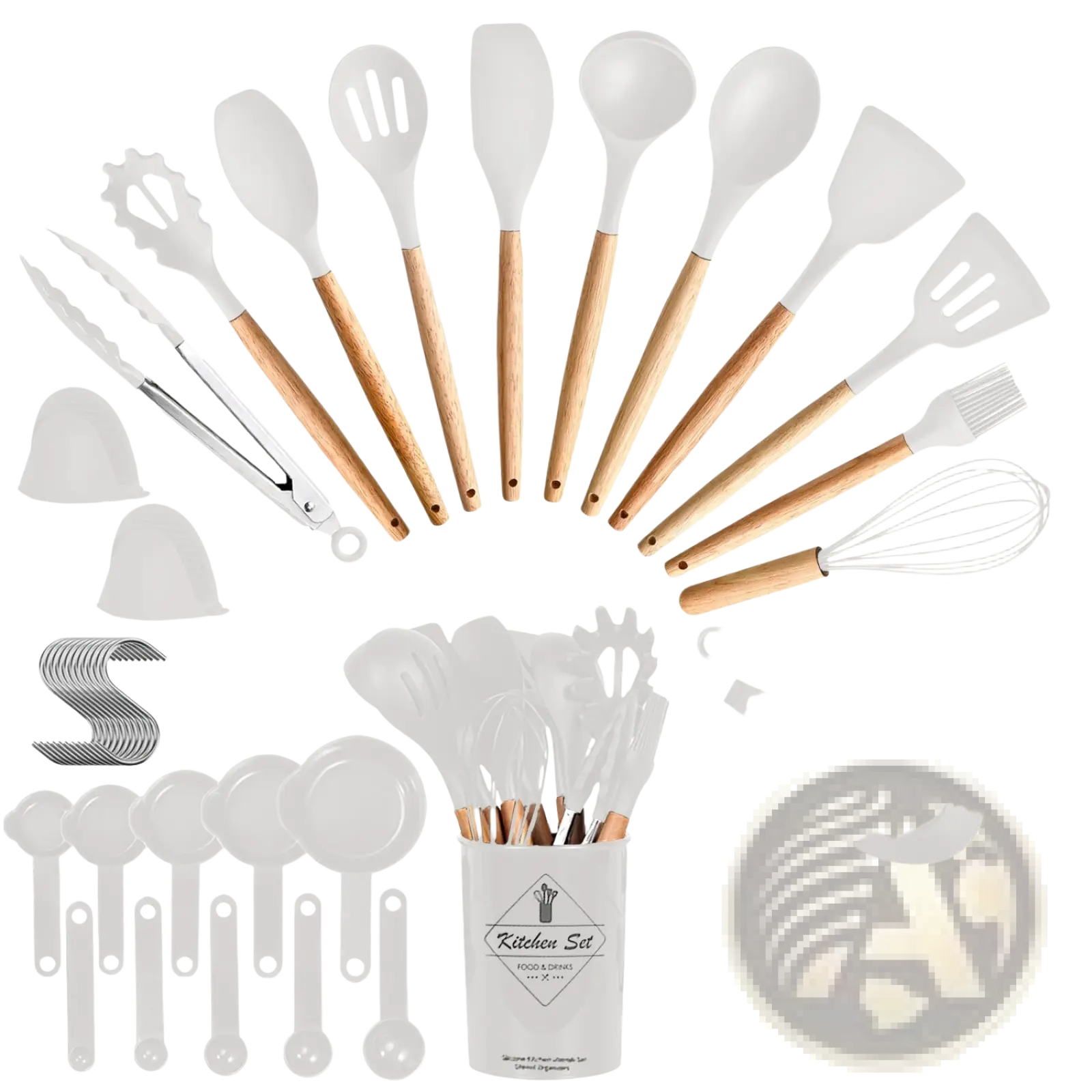 White silicone cooking utensils with wooden handles arranged around a white kitchen set storage container