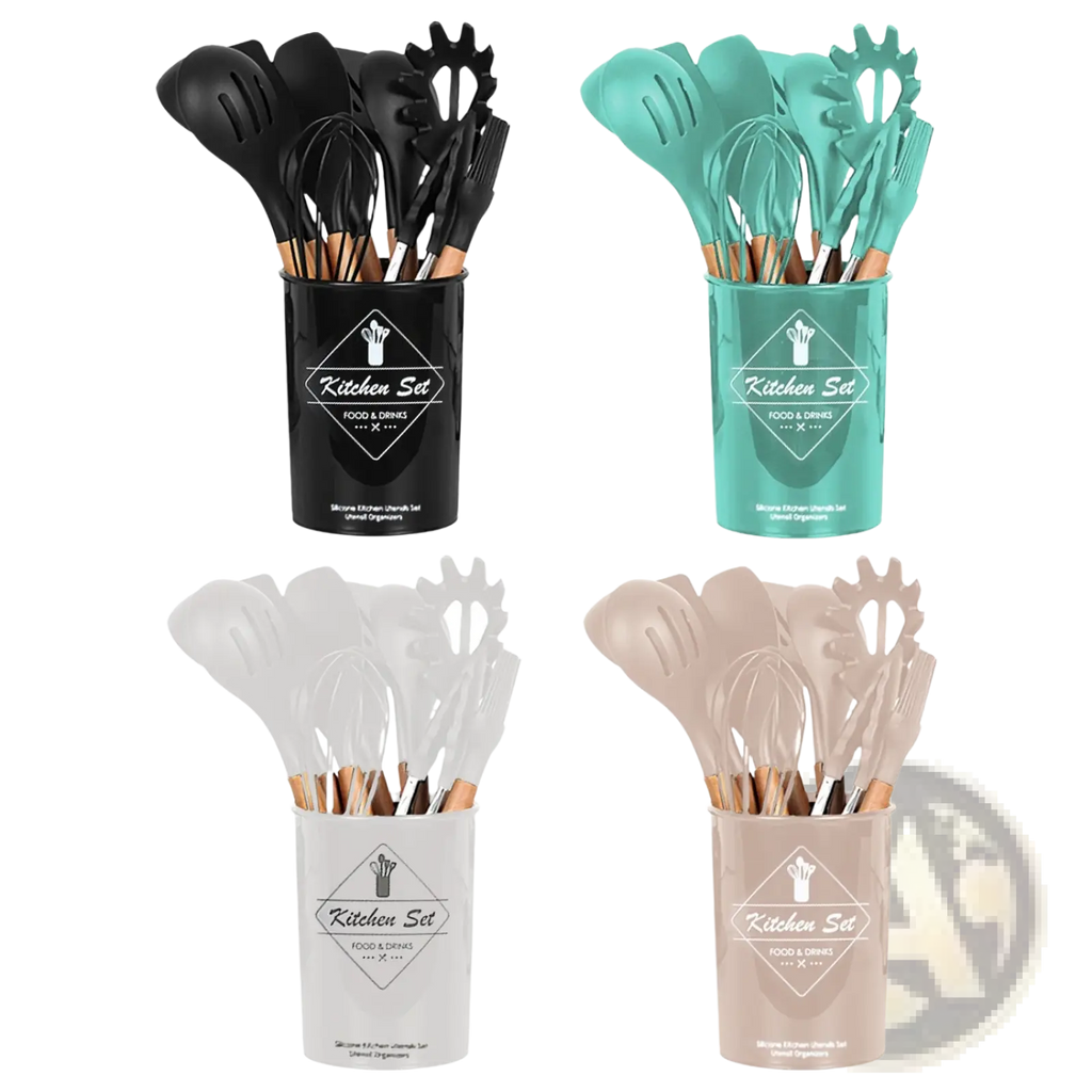Set of silicone kitchen utensils with wooden handles in black teal white and beige included in 35 piece set with holder