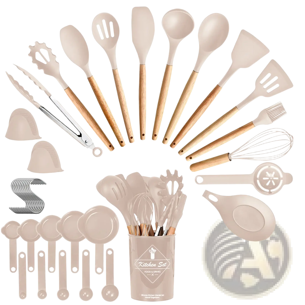 Beige 35 piece silicone kitchen utensil set with wooden handles neatly arranged in matching beige storage cup