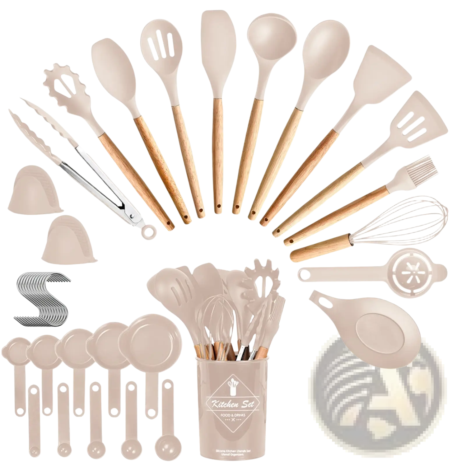 Beige 35 piece silicone kitchen utensil set with wooden handles neatly arranged in matching beige storage cup