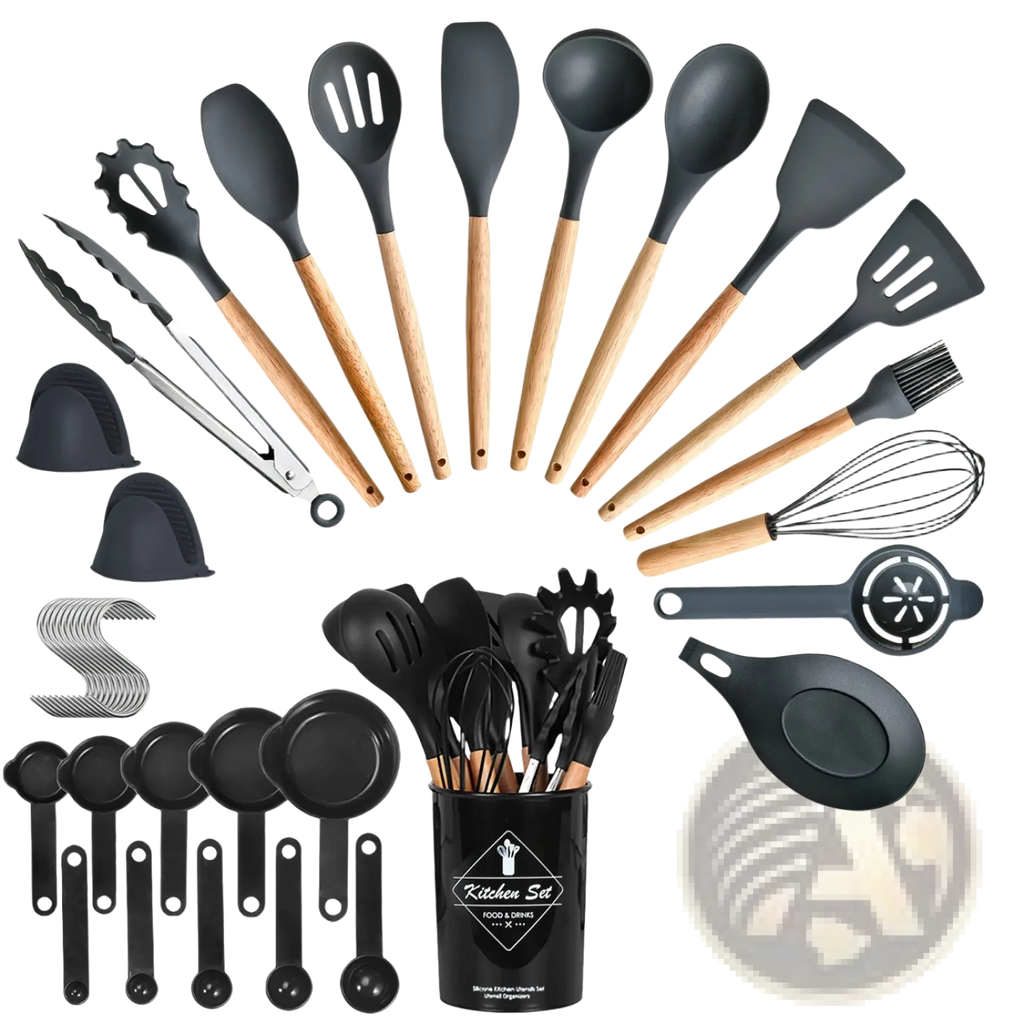 35 piece silicone kitchen utensil set with black silicone heads wooden handles and matching black storage cup