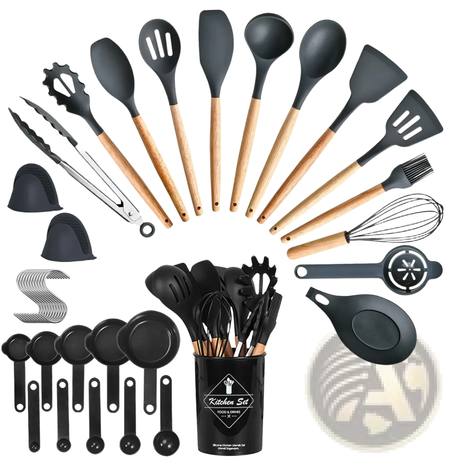35 piece silicone kitchen utensil set with black silicone heads wooden handles and matching black storage cup