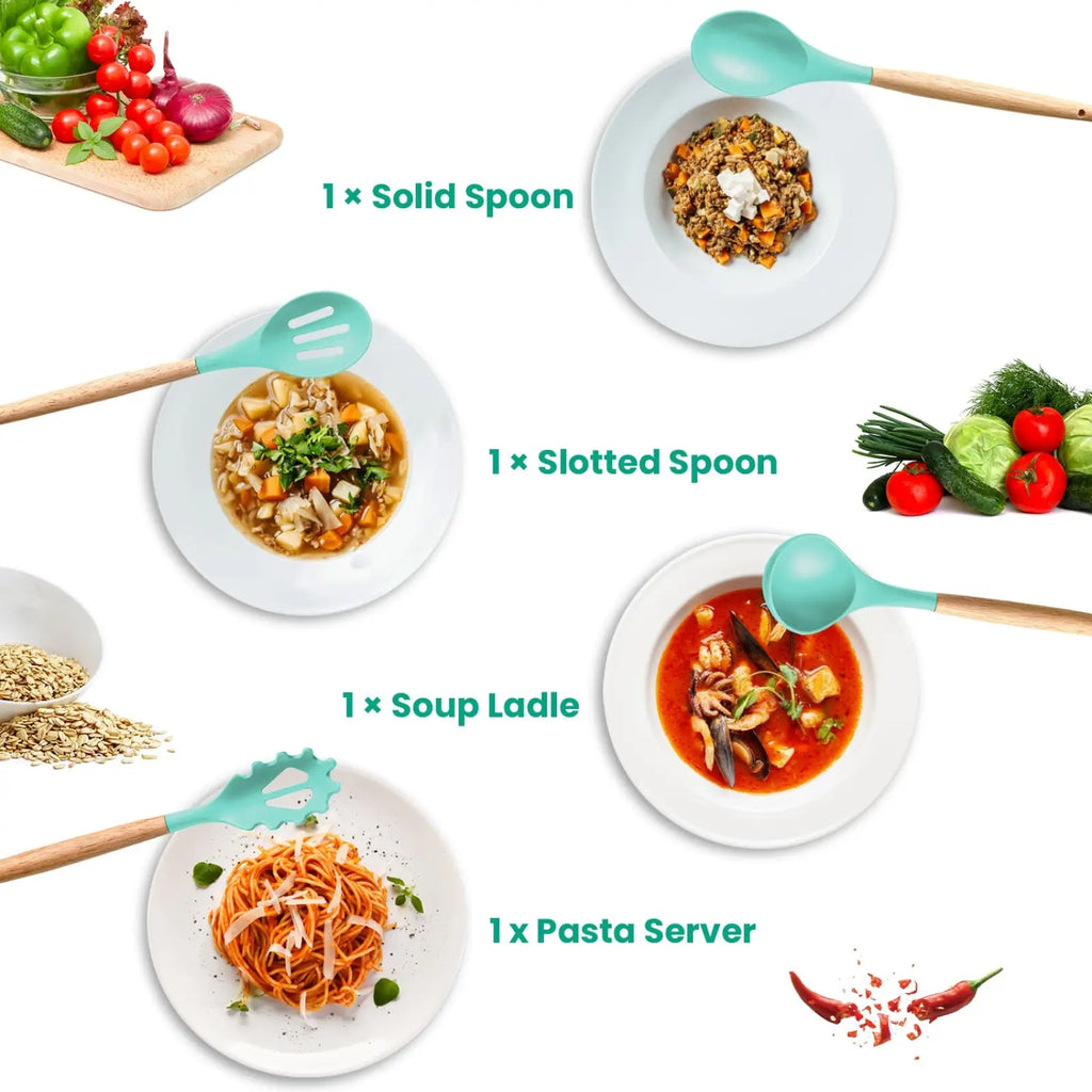 Set of four teal silicone-coated wooden handled kitchen utensils including spoon ladle and pasta server from 35 piece set
