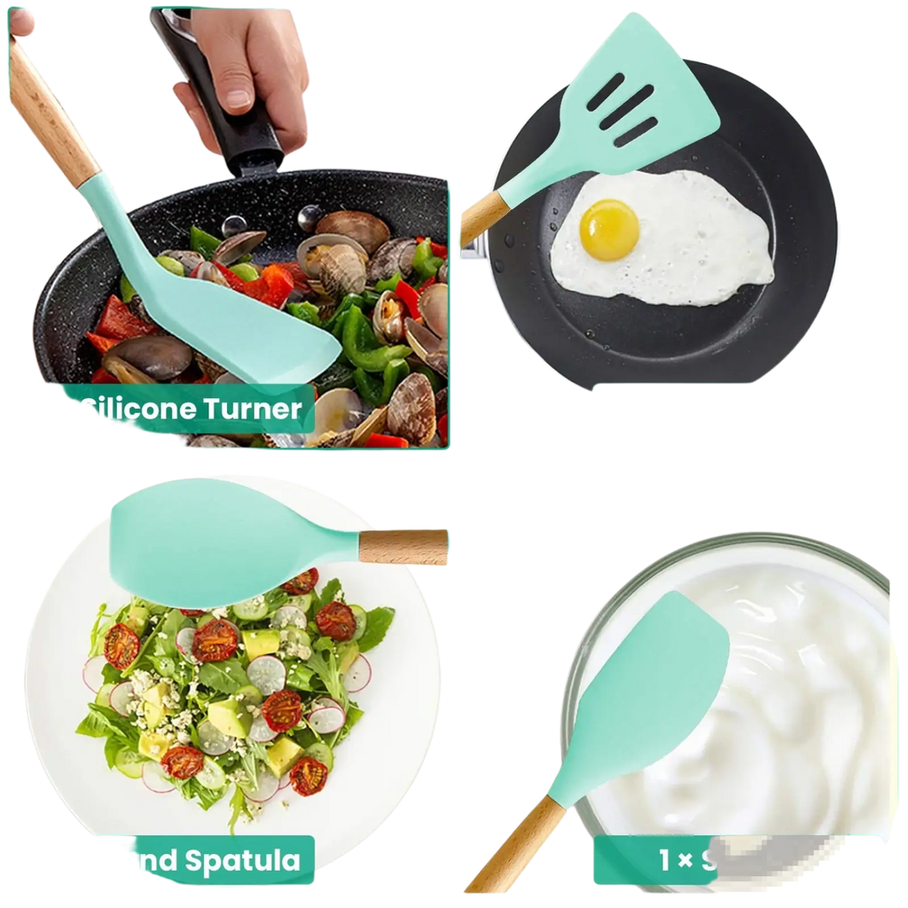 Set of four teal silicone cooking utensils with wooden handles from a 35 piece silicone kitchen utensil set with holder