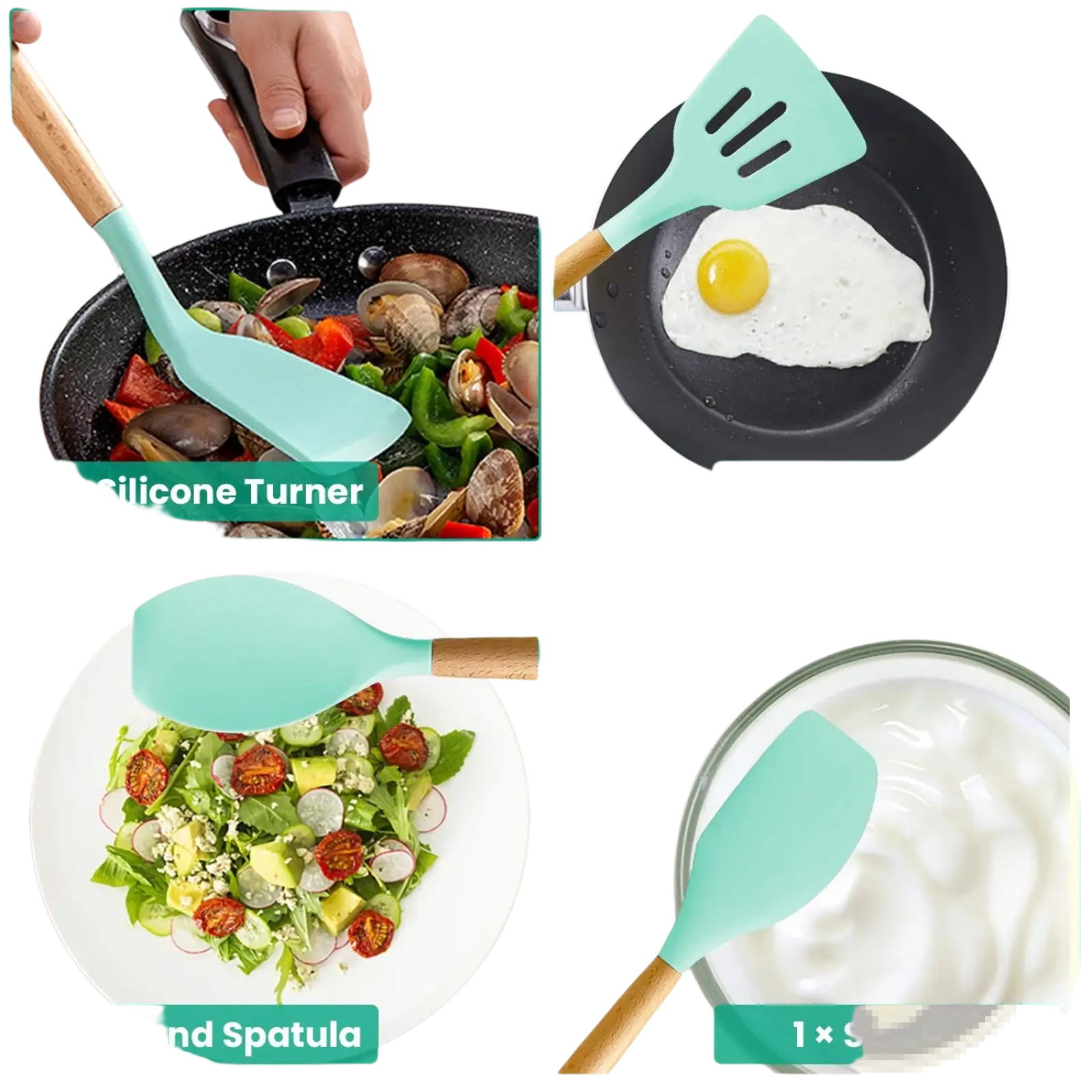 Set of four teal silicone cooking utensils with wooden handles from a 35 piece silicone kitchen utensil set with holder