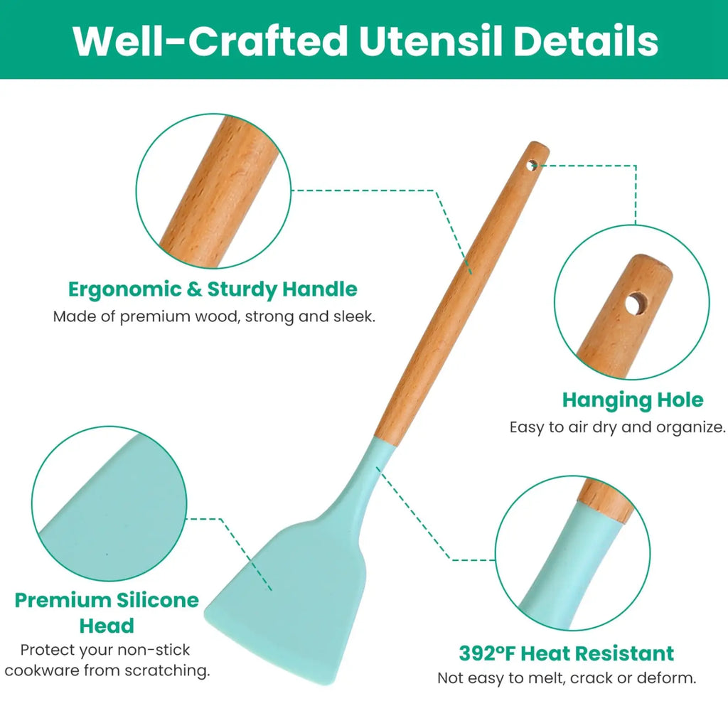 Light blue silicone spatula with wooden handle from 35 piece silicone kitchen utensil set with holder