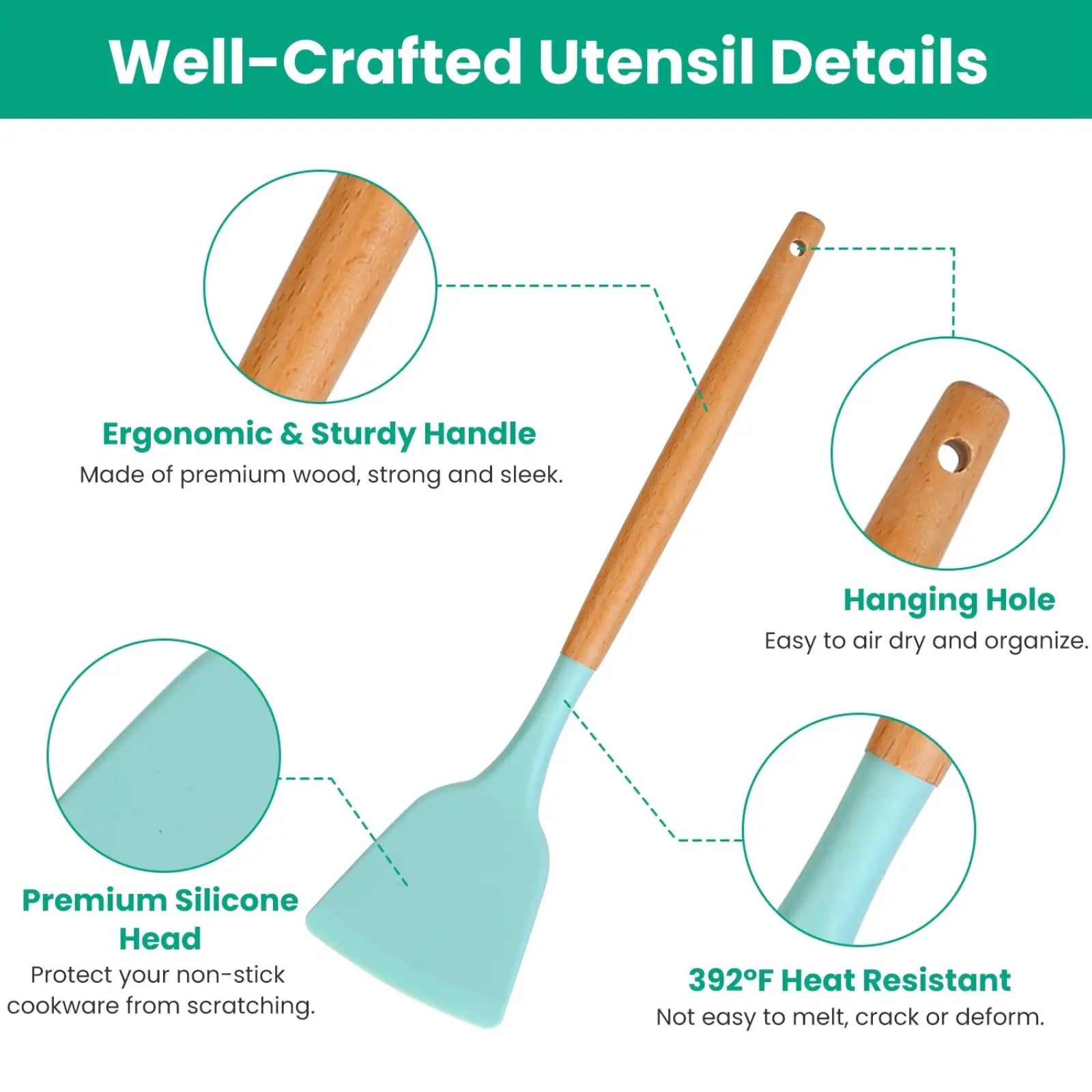 Light blue silicone spatula with wooden handle from 35 piece silicone kitchen utensil set with holder