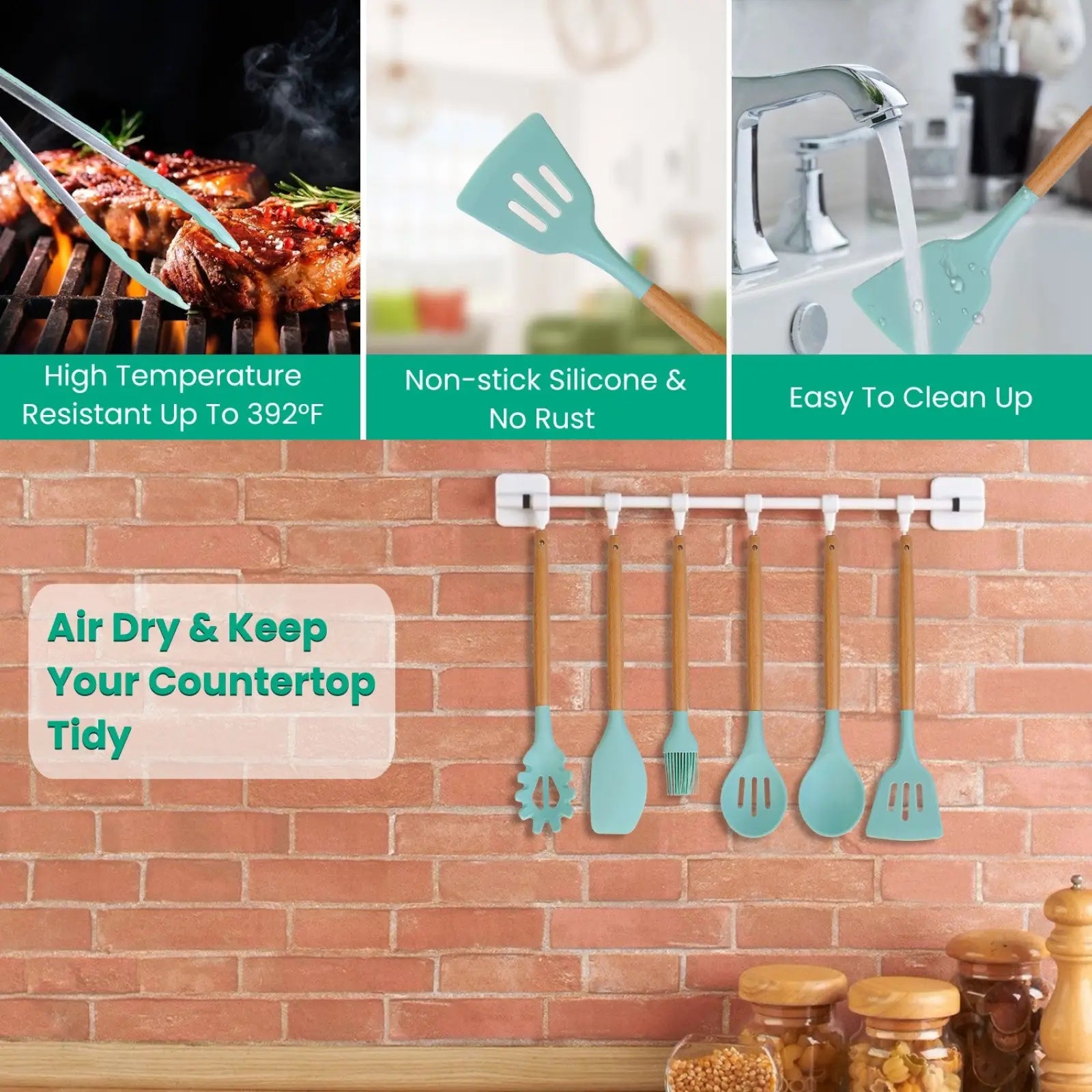 Set of six light blue silicone cooking utensils with wooden handles from 35 piece silicone kitchen utensil set with holder