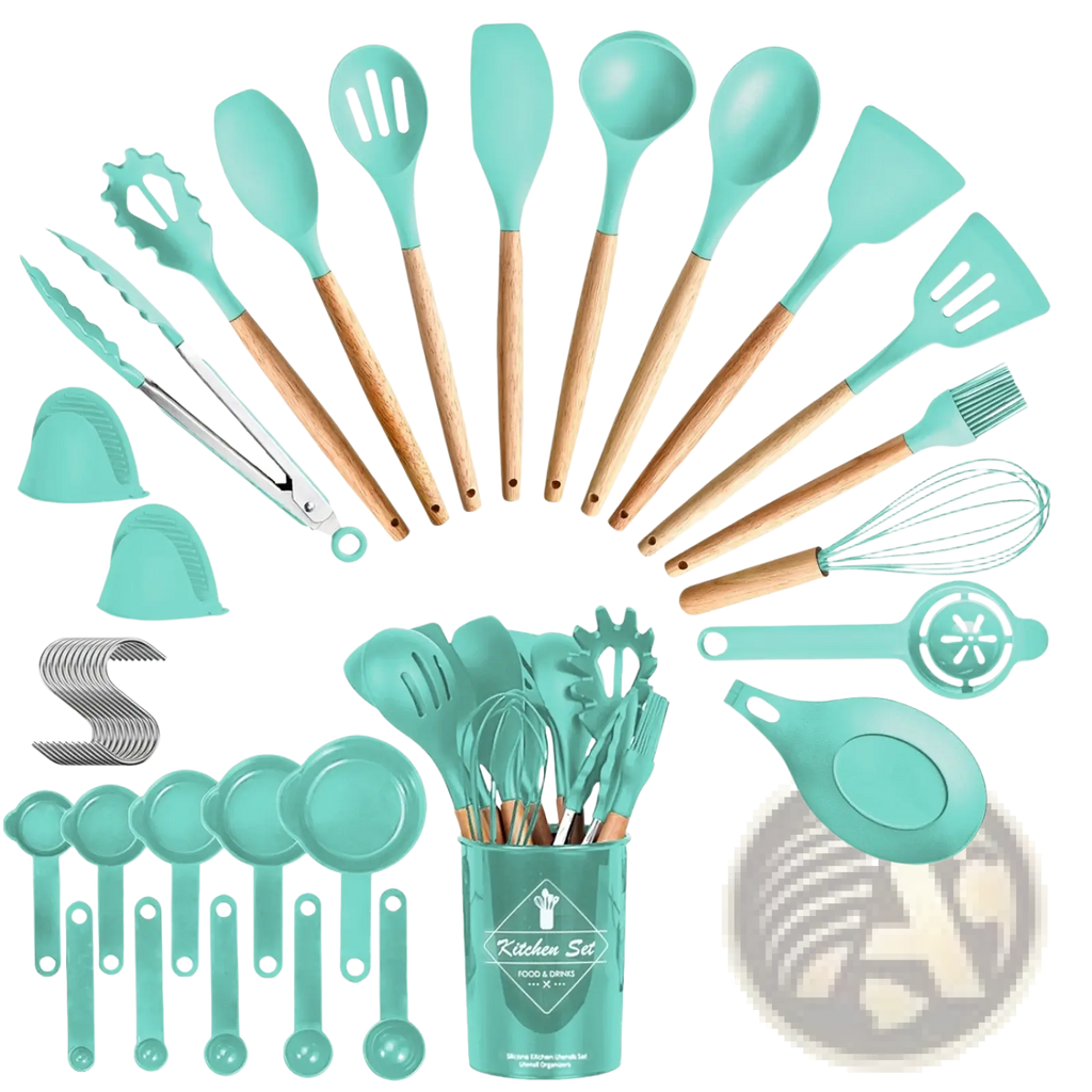 Teal silicone 35 piece kitchen utensil set with wooden handles and matching storage canister with holder