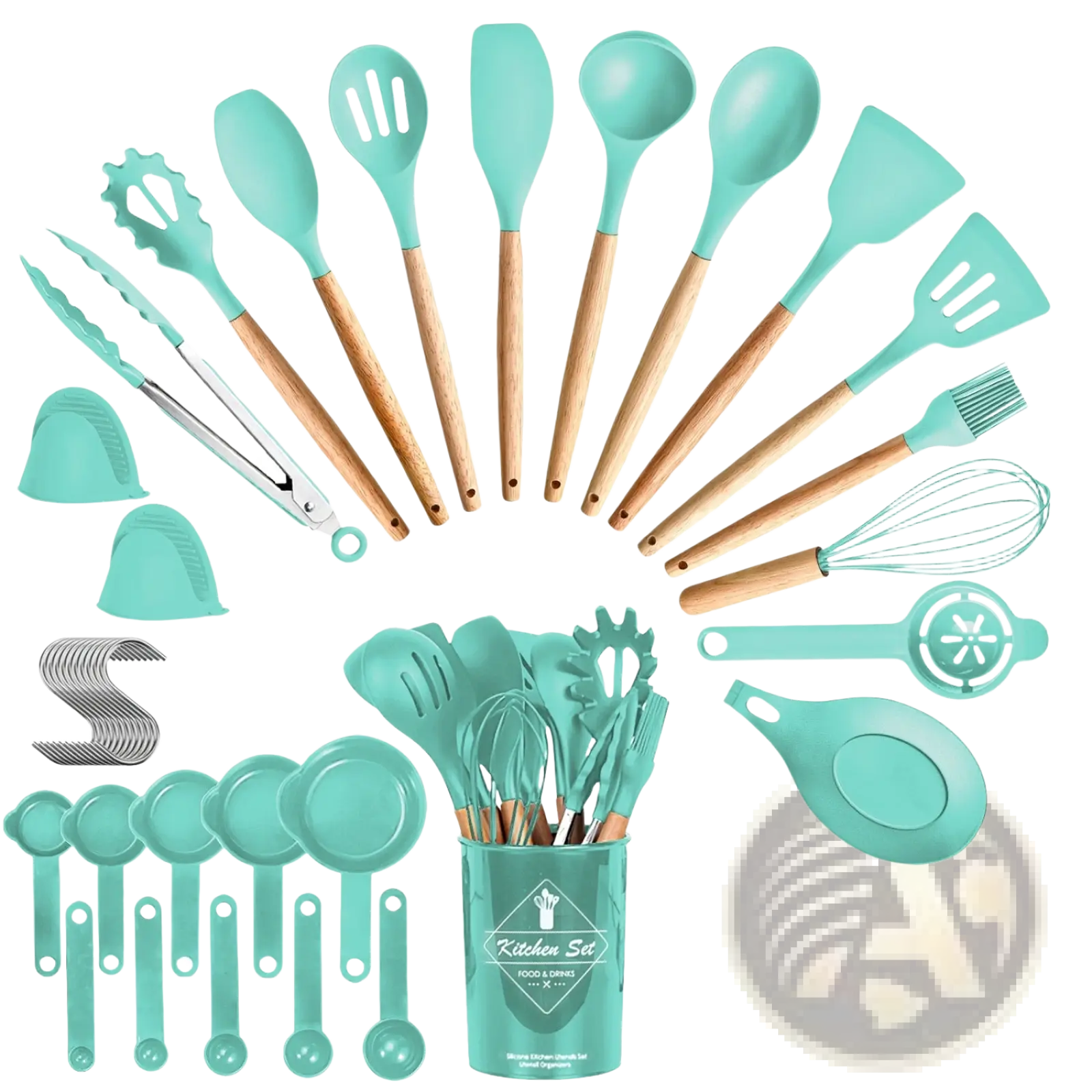Teal silicone 35 piece kitchen utensil set with wooden handles and matching storage canister with holder