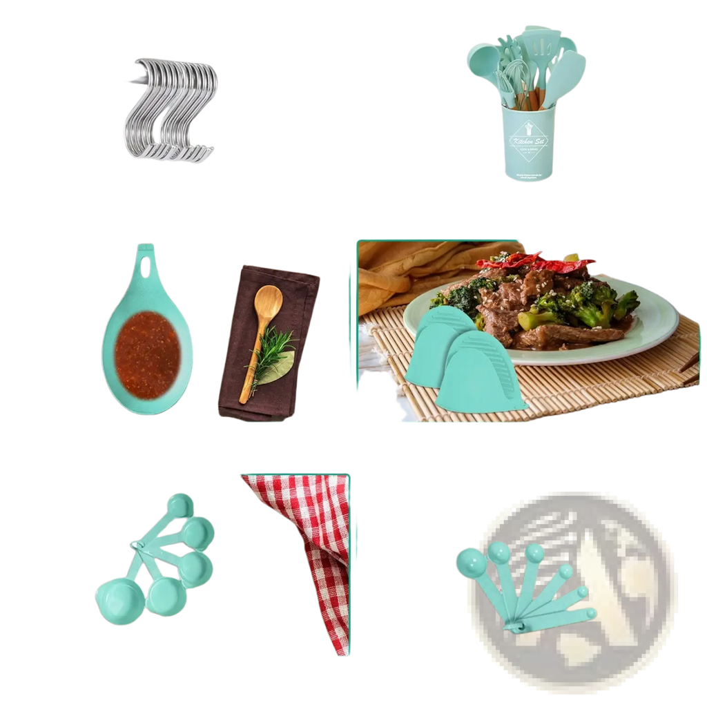 Teal silicone utensil holder with white logo and handle in a 35 piece silicone kitchen utensil set with holder