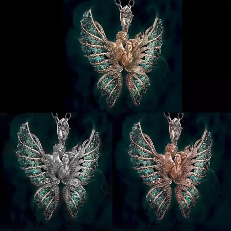 Elegant emerald angel wing butterfly pendant necklace featuring intricate silver, rose gold, or white gold metalwork and sparkling green gemstones on delicate wings.
