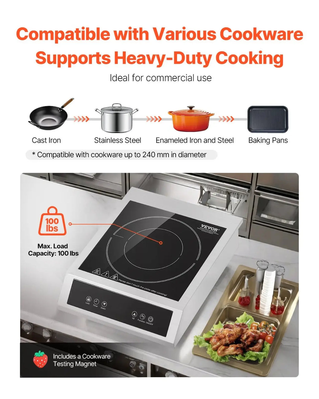 White Vevor 3500w commercial portable induction cooktop with black glass surface and digital control panel