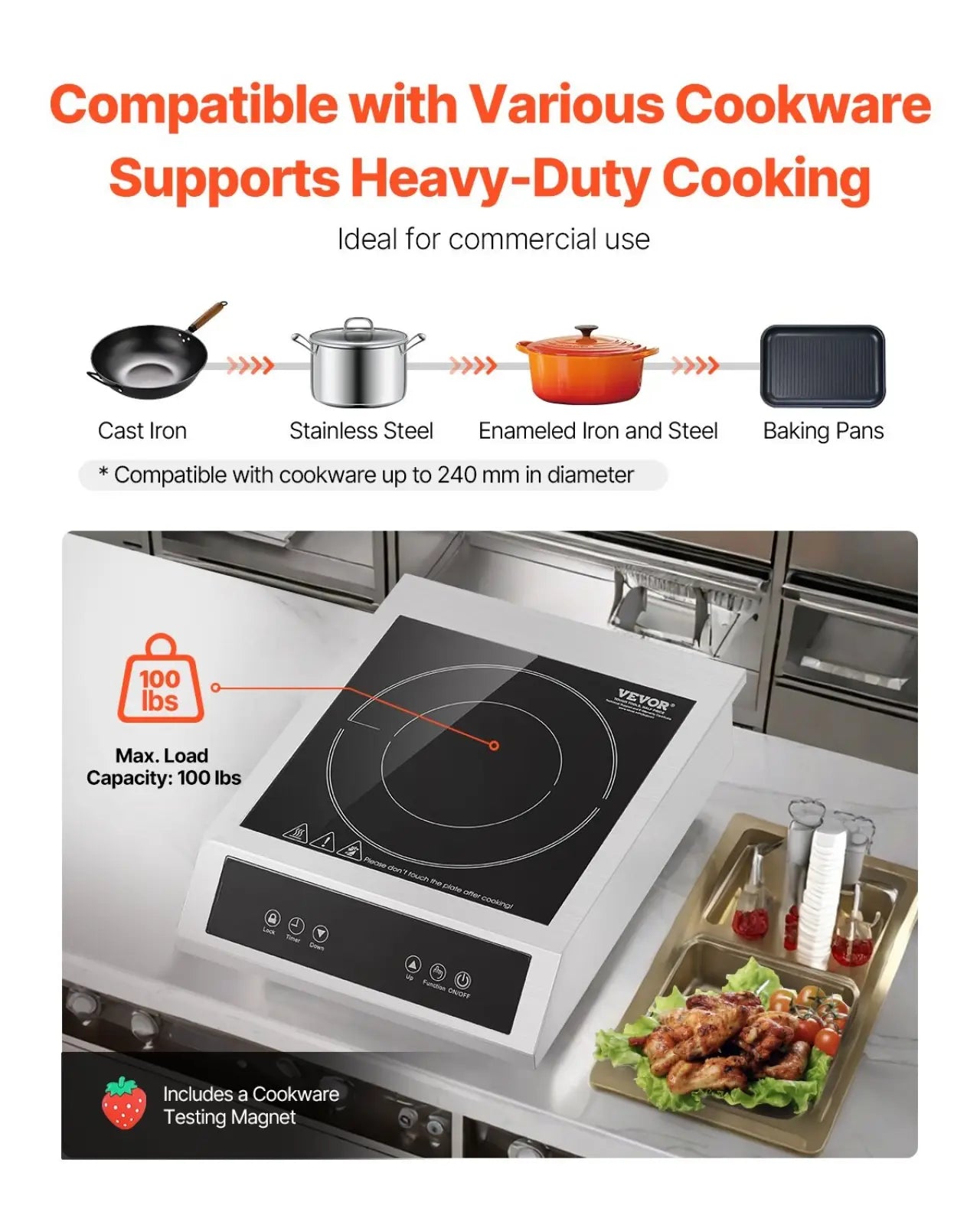 White Vevor 3500w commercial portable induction cooktop with black glass surface and digital control panel