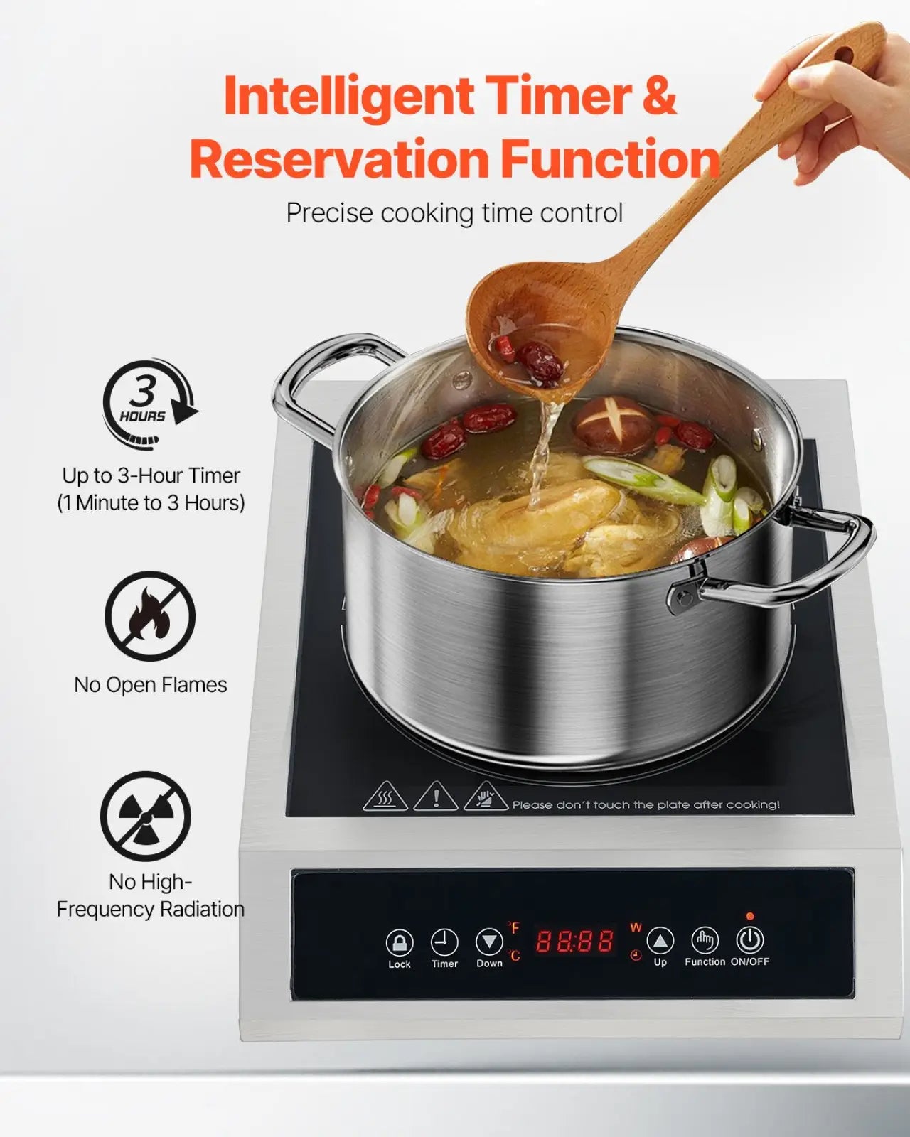 Silver stainless steel 3500w commercial induction cooktop with black control panel and digital display portable burner
