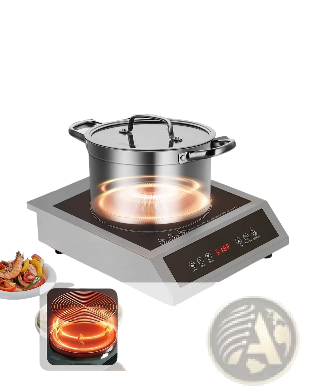 3500w commercial induction cooktop portable burner with sleek silver and black design and digital control panel displaying 5:18f