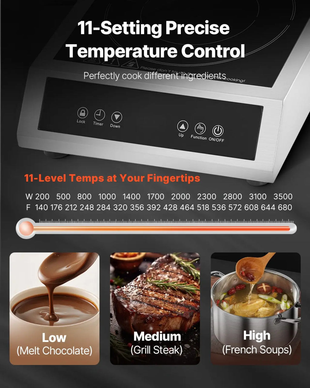 Silver 3500w commercial induction cooktop with sleek design and digital panel featuring 11 precise temperature settings