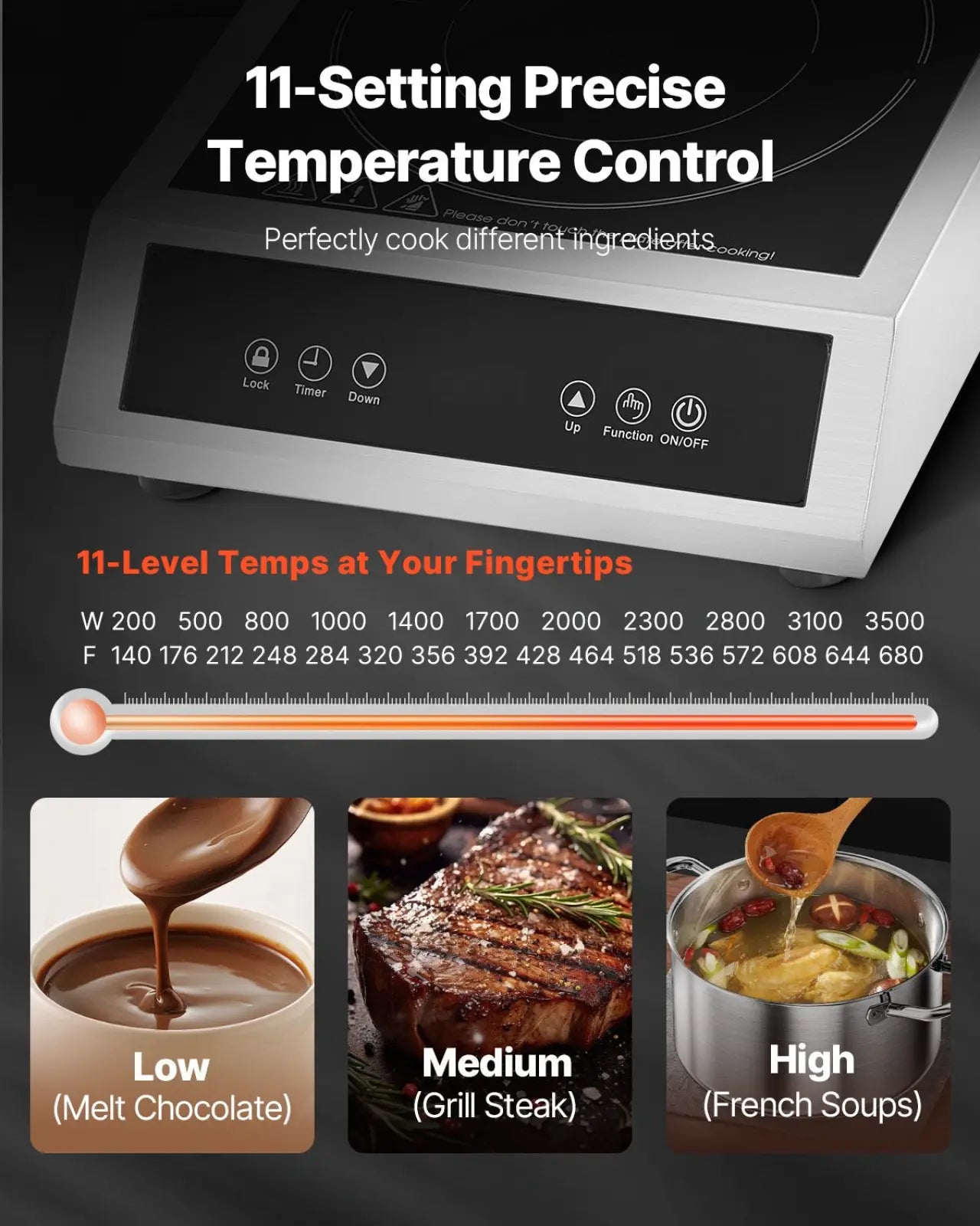 Silver 3500w commercial induction cooktop with sleek design and digital panel featuring 11 precise temperature settings