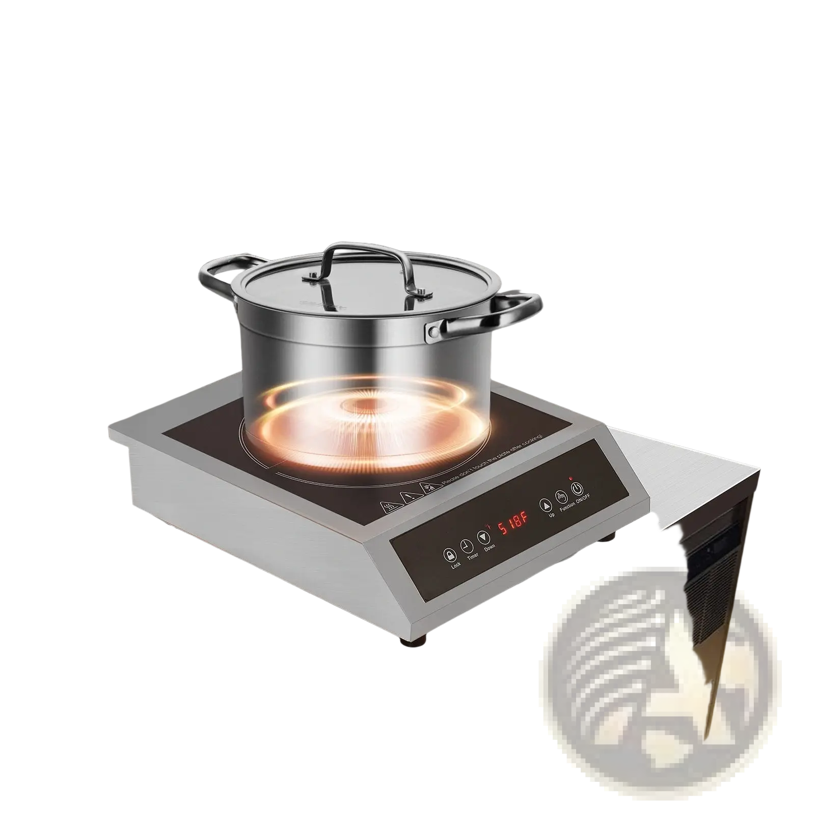 Stainless steel pot with lid and handles on a 3500w commercial induction cooktop portable burner