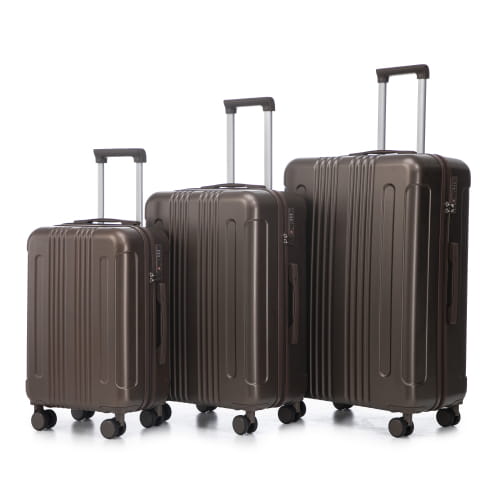 Set of three brown hard-shell abs spinner suitcases with vertical ribbed design black wheels and tsa lock in a 3 piece luggage set.