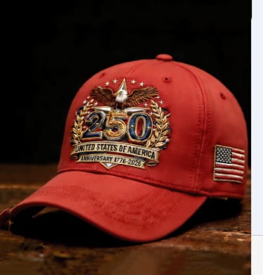 Red baseball cap featuring a detailed embroidered 250 patch with an eagle emblem accented by gold laurel wreaths and an American flag patch designed for the USA 250th anniversary celebration.