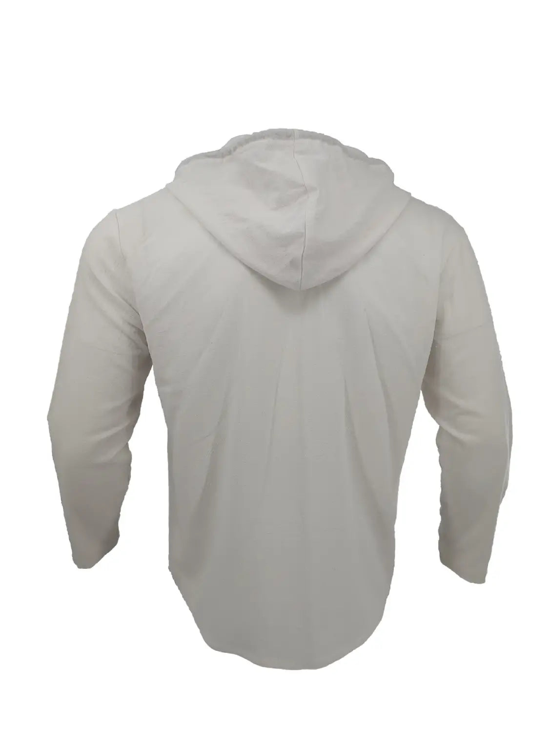 Camisa de cárdigan con capucha ligera para hombre en blanco, con mangas largas y textura suave y lisa del tejido.