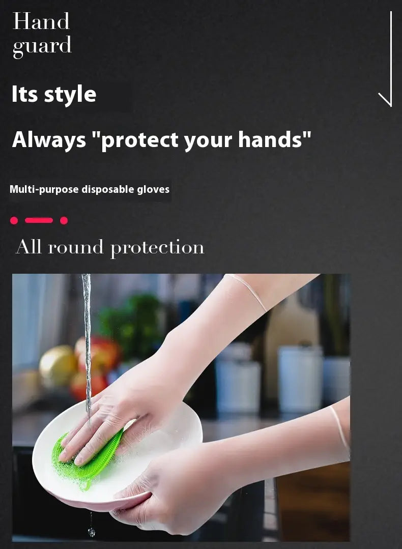 transparent disposable pvc and nitrile kitchen gloves with a green scrubbing pad attached to the palm shown from the front in a 100pcs pack