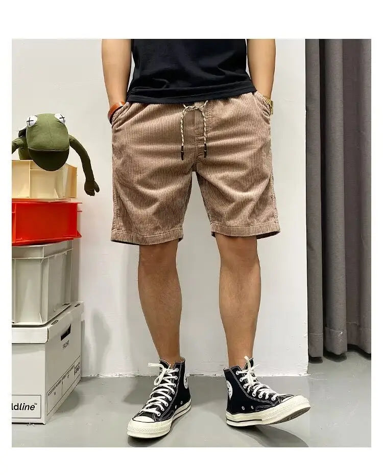 Beige Herren-Retro-Cord-Sommer-Arbeitsbekleidung mit Kordelzugbund und kurzen Hosen