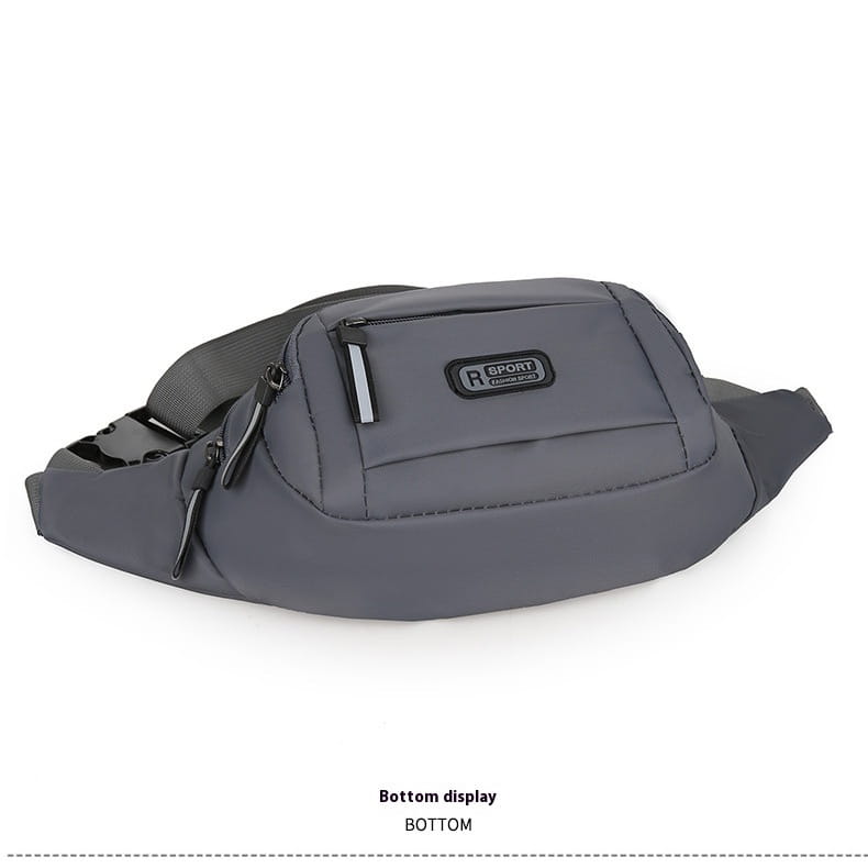 Men’s waterproof gray nylon waist pack with black zippers and a small rectangular logo patch designed as a multifunctional crossbody waist bag.