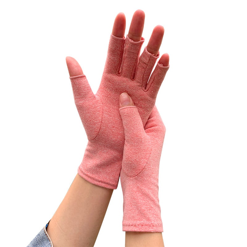 pink fingerless arthritis compression gloves made of soft textured fabric with reinforced palm patches for support and pain relief