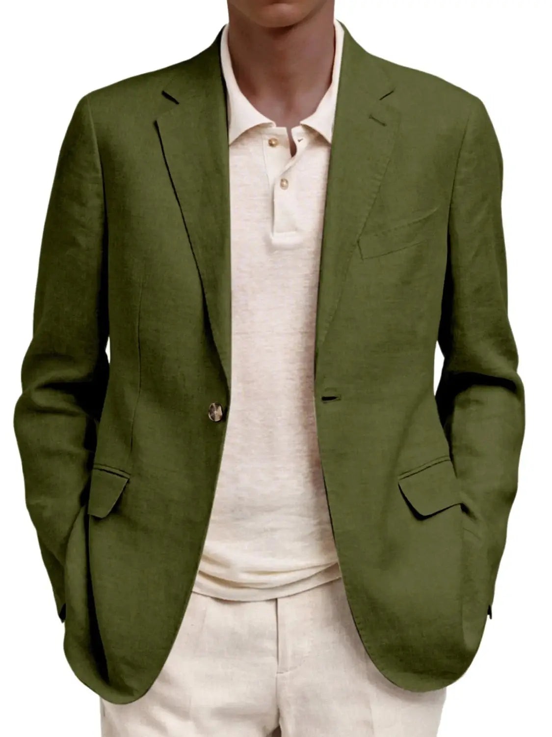 Olivgrünes Herren-Leinen-Slim-Fit-Casual-Blazerjackett mit spitz zulaufenden Reversaufschlägen und zwei vorderen aufgesetzten Taschenklappen.