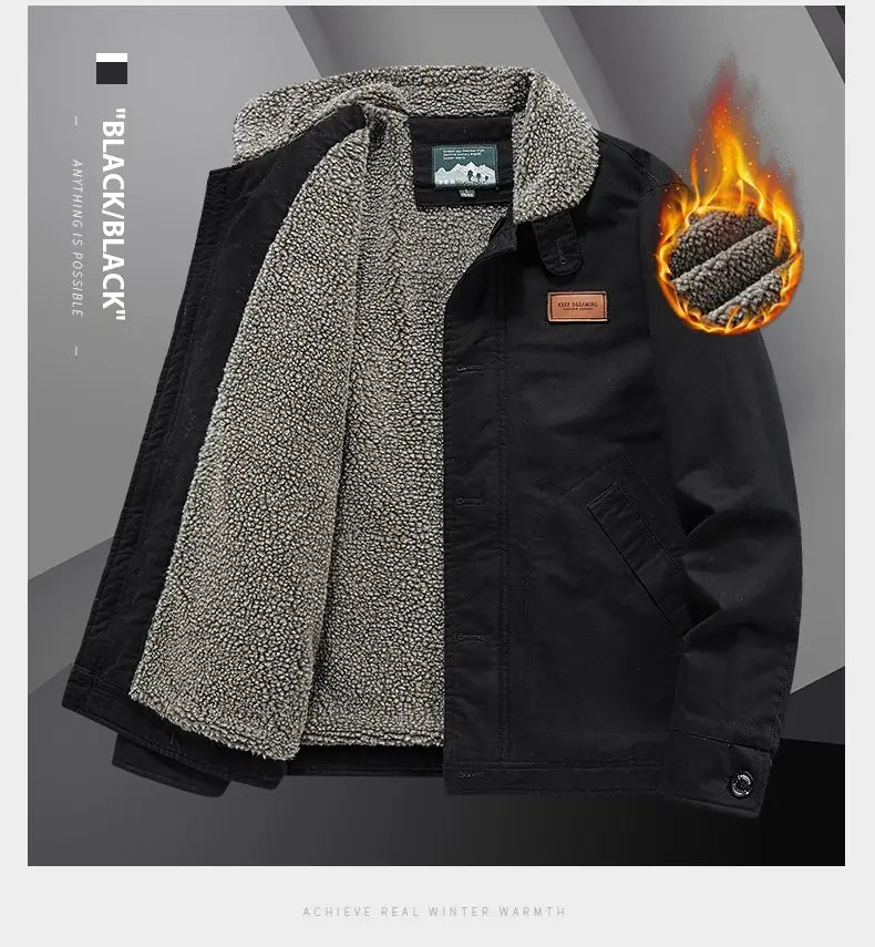 Mens fleece lined winter cotton jacket in black featuring a shearling-lined plush interior and a sturdy outer fabric ideal for cold weather.