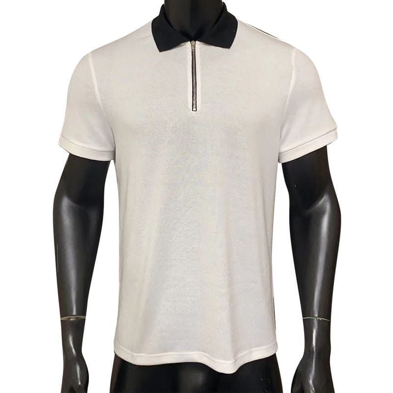 Men’s textured white polo shirt with a black collar and a silver zipper at the neckline.