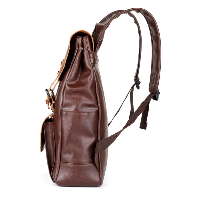 Brown leather Crazy Horse large capacity unisex backpack with tan accents and adjustable straps shown from the back side.