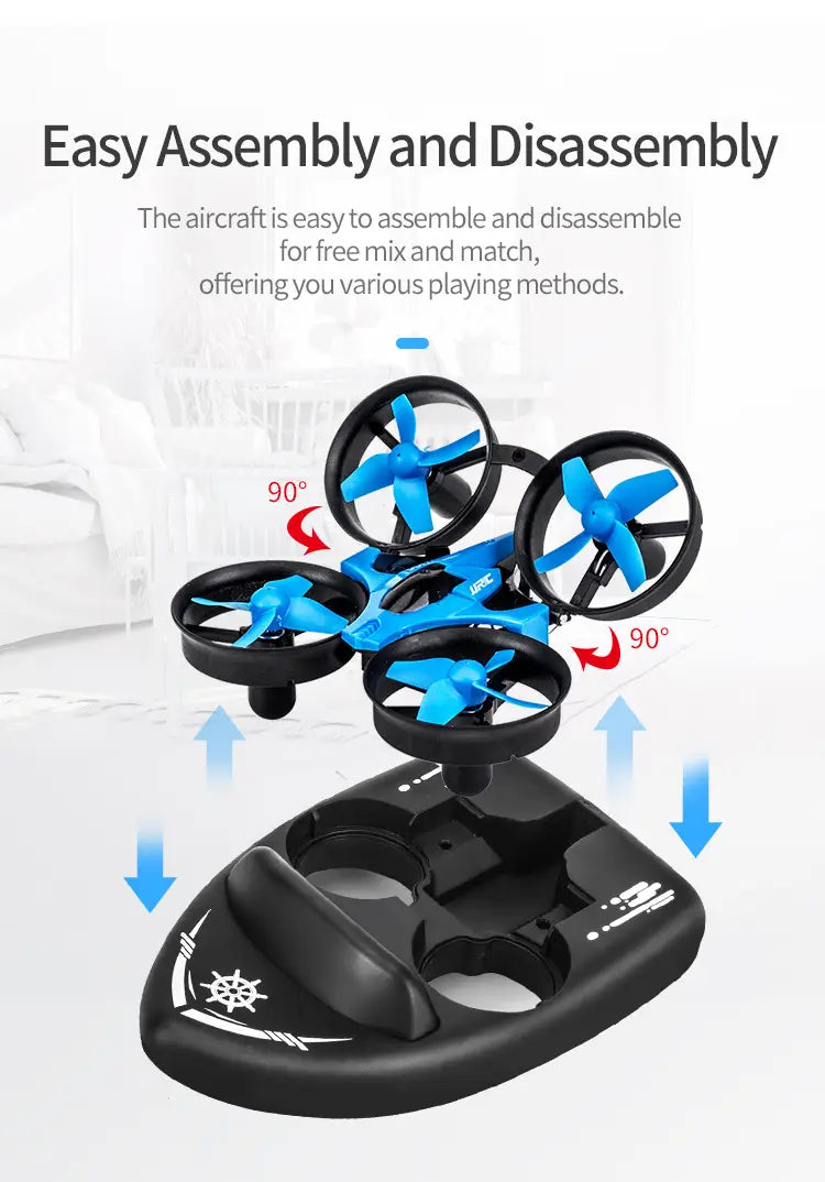 Dron cuadricóptero de color azul y negro con cuatro hélices, diseñado para un ensamblaje y desmontaje sencillo, como parte del juguete dron planeador volador RC 3 en 1 para tierra, agua y aire.