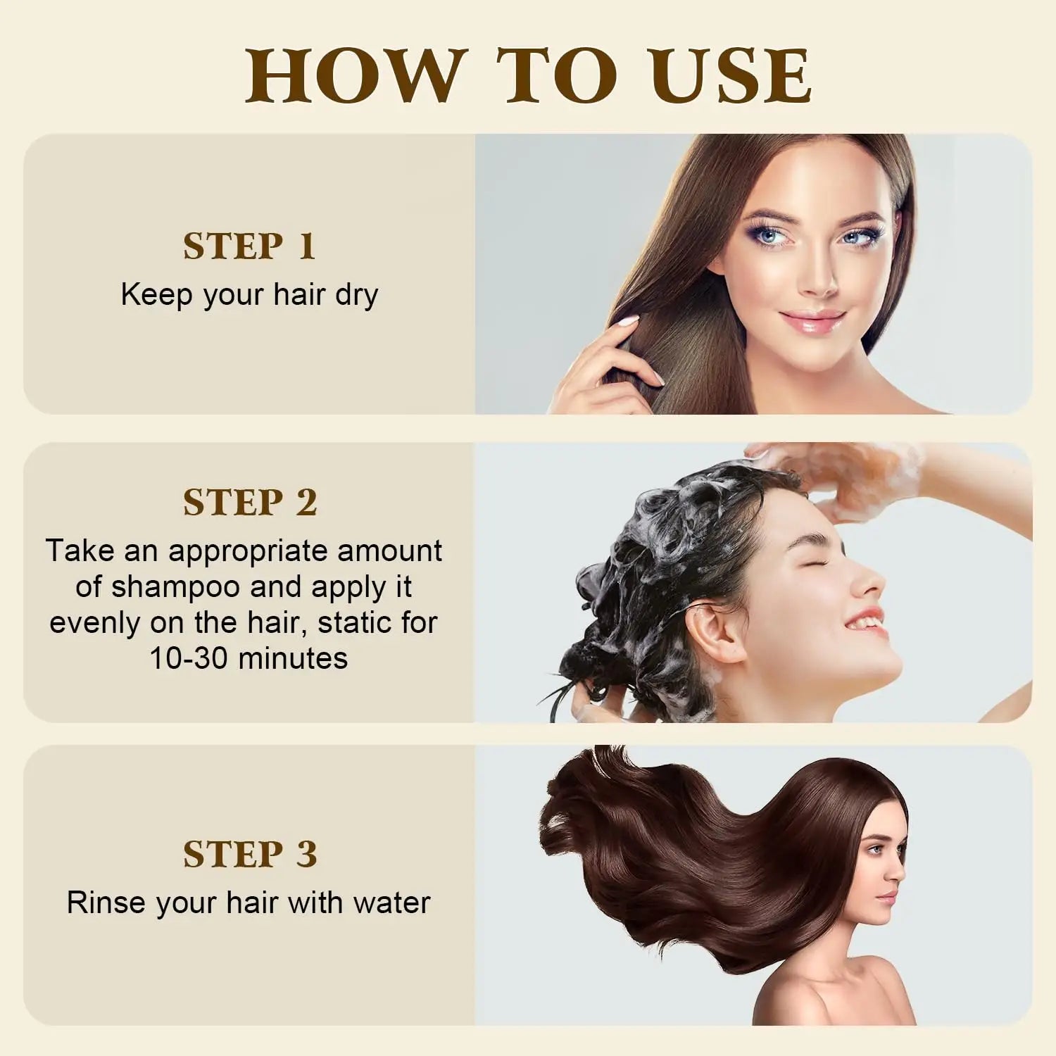 A woman with long dark brown hair demonstrating the moisturizing formula of dark brown hair dye shampoo 200ml in three application steps.