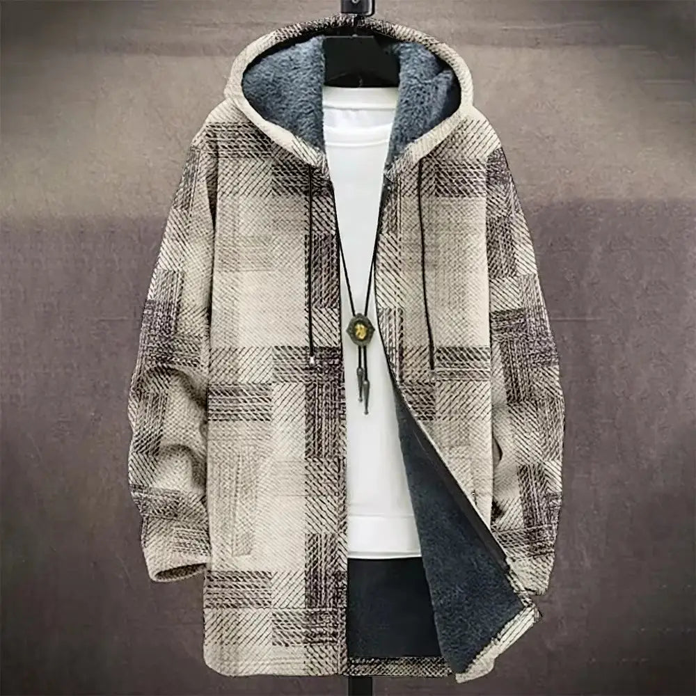 a cozy beige and gray plaid geometric fleece hooded trench coat with a plush blue-lined interior