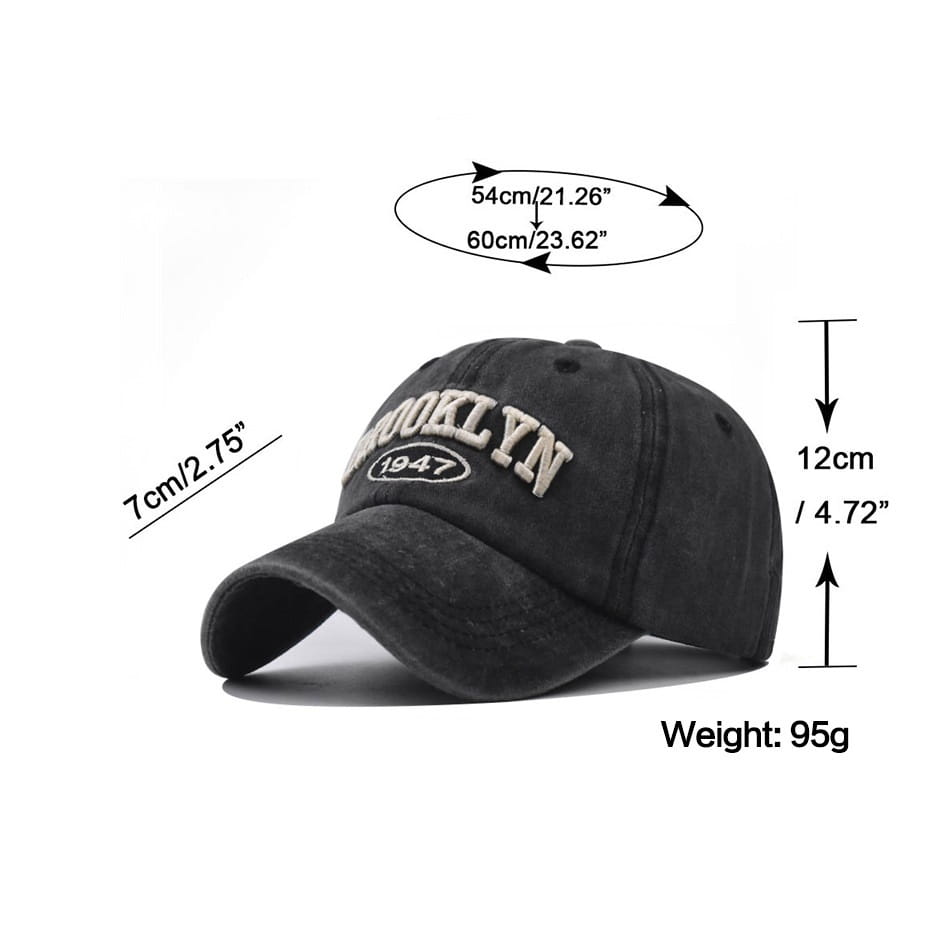 Black cotton baseball hat with brooklyn 1947 embroidered in white lettering titled Brooklyn embroidered cotton baseball hat.