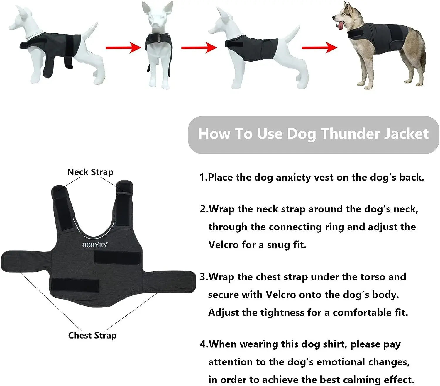 black hchyee dog anxiety jacket and breathable thunder vest with adjustable velcro straps for a snug fit shown from the back side