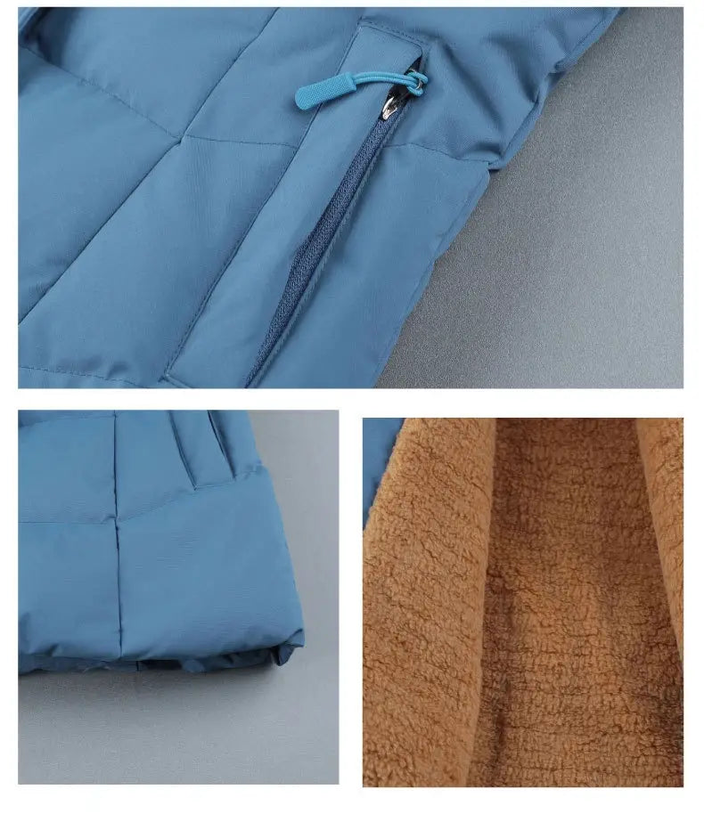Chaqueta corta de plumón azul claro para mujer, abrigo acolchado abrigador para el invierno, con tejido acolchado a juego, tirador de cremallera y forro de lana polar color beige claro.