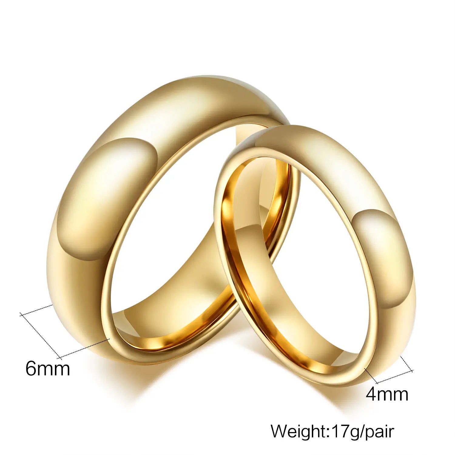 Polished gold tungsten steel couple wedding bands featuring smooth finishes and classic rounded designs in slightly different widths.